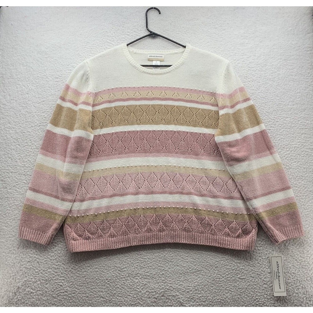Alfred Dunner Sweater‎ Womens 3XL Chenille Pink White Striped Beaded Cute Soft